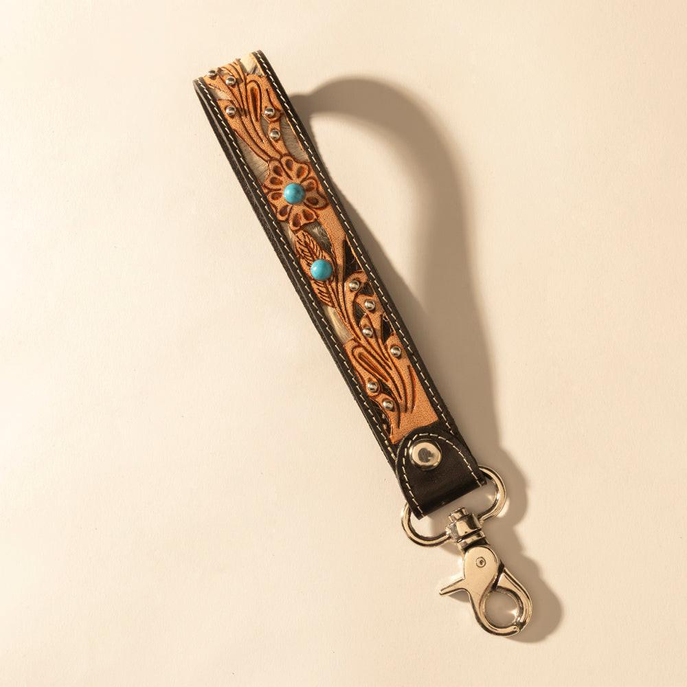 Myra River Glen Handtooled Hairon Leather Key Fob in Espresso Turquoise