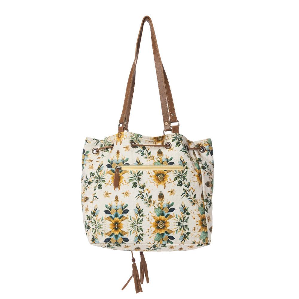 Myra Southern Bloom Cotton & Leather Bucket Bag in Chestnut Beige