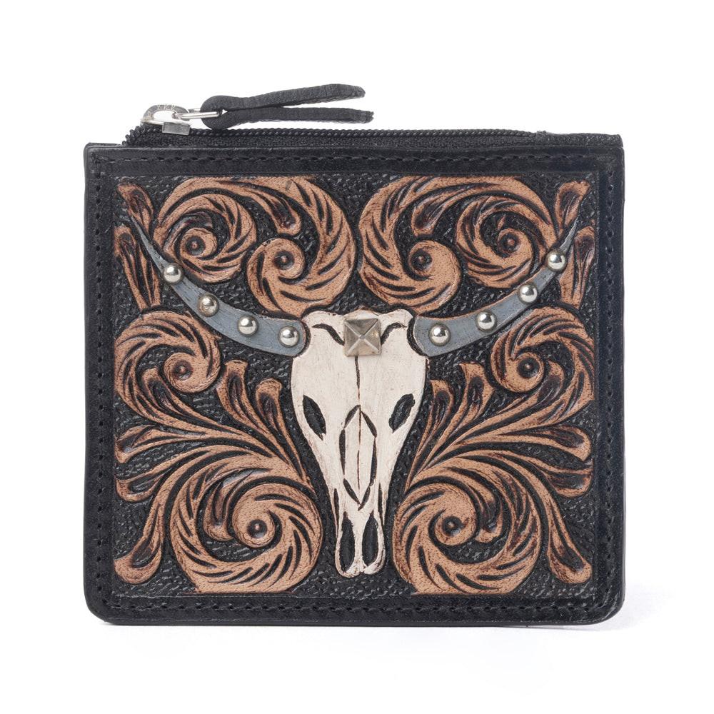 Myra Briar Creek Handtooled Leather Credit Card Holder in Ebony Caramel