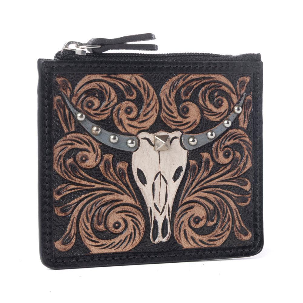 Myra Briar Creek Handtooled Leather Credit Card Holder in Ebony Caramel