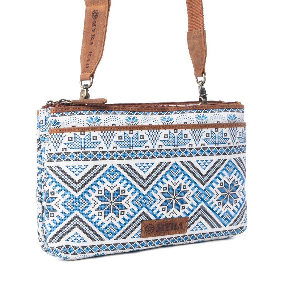 Myra Tribal Hollow Cotton & Leather Crossbody Bag in Indigo Frost