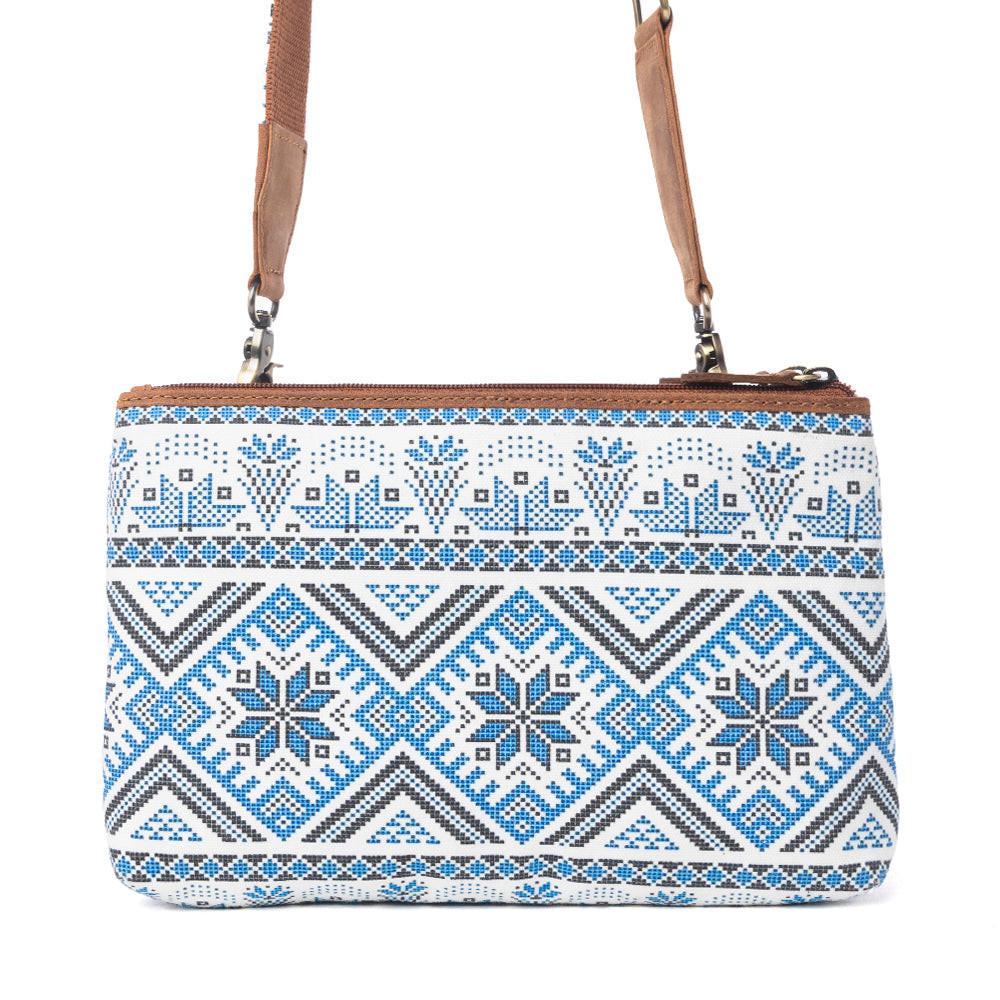 Myra Tribal Hollow Cotton & Leather Crossbody Bag in Indigo Frost