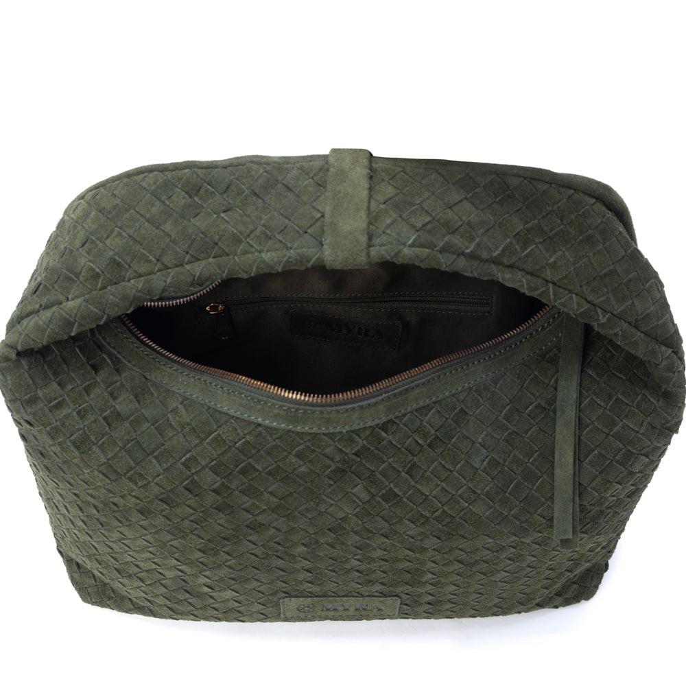 Myra Saddle Weave Genuine Suede Leather Bag in Olive Moss