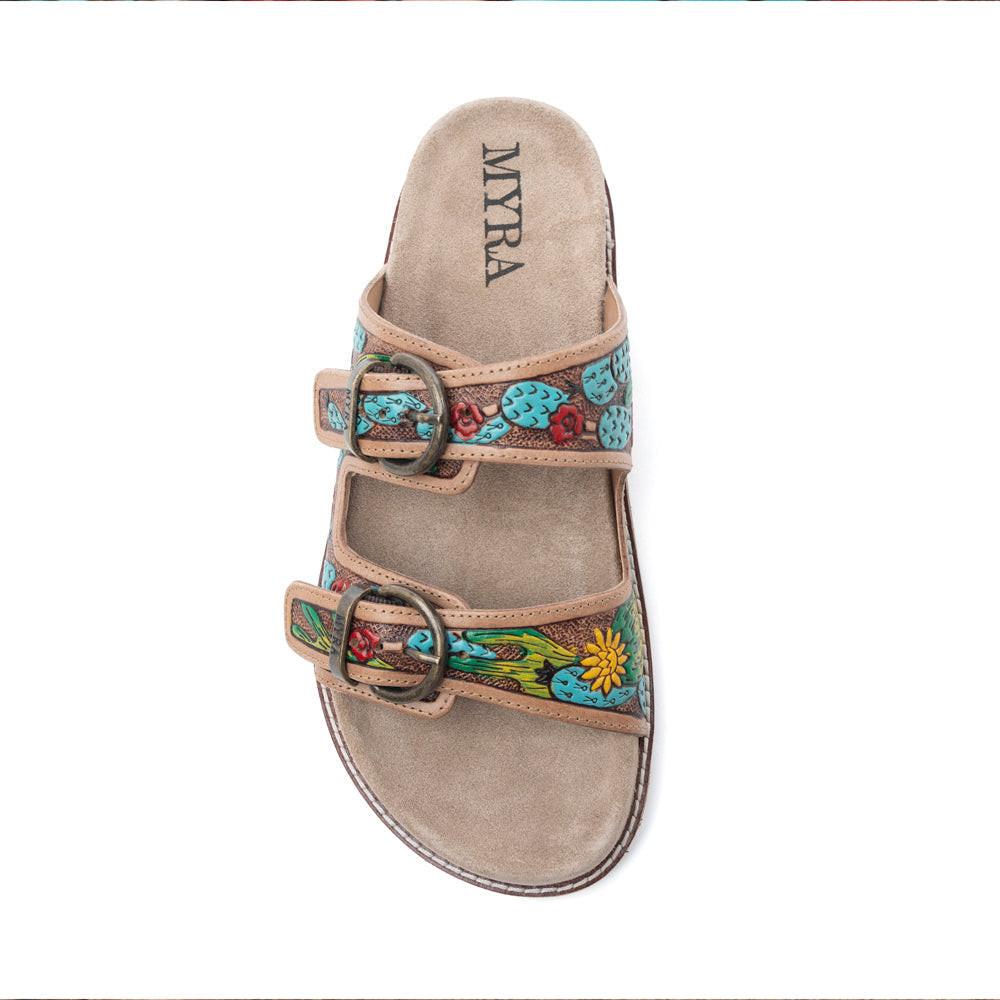 Myra Rio Verde Handtooled Leather Sandals in Agave Blue