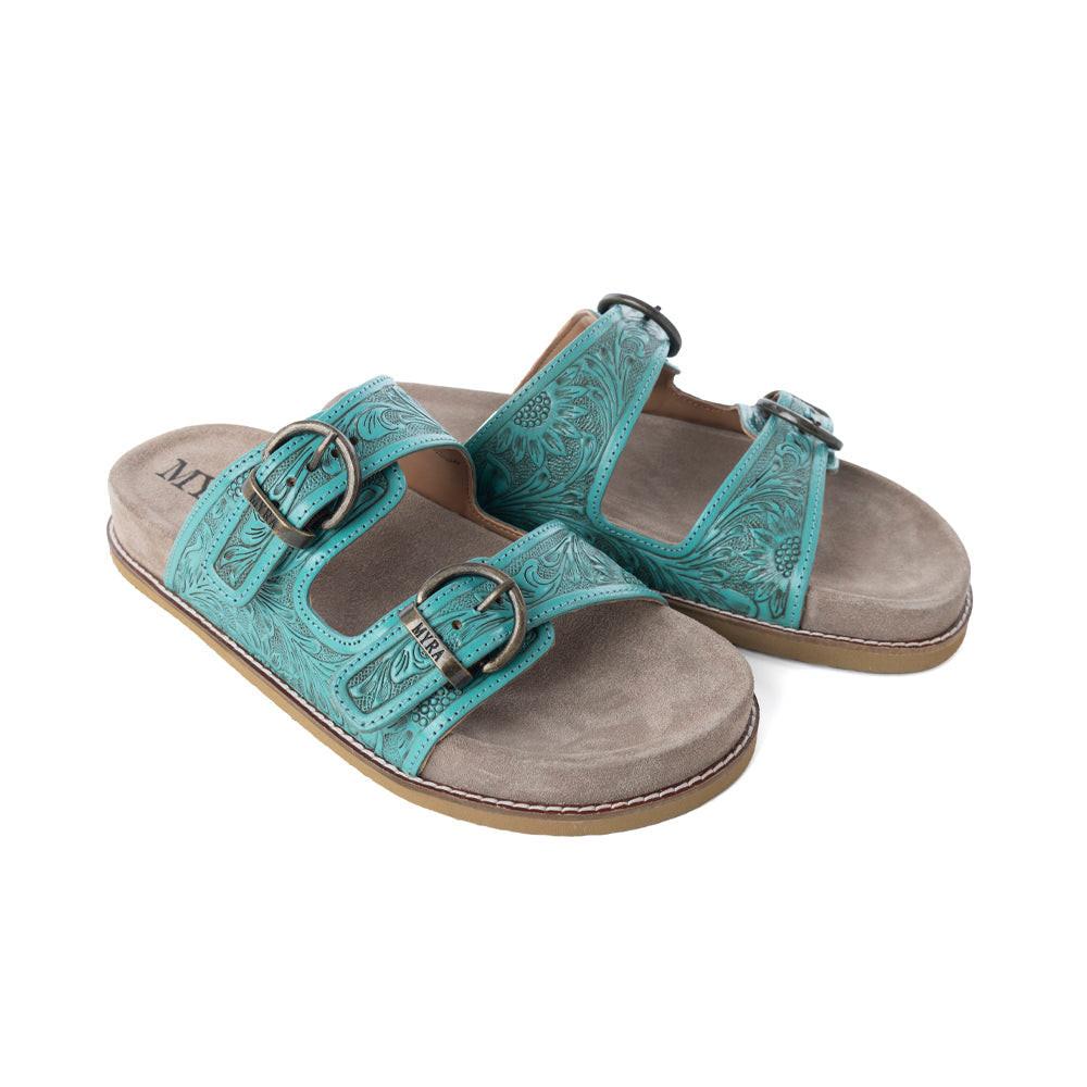 Myra Bluebell Ranch Handtooled Leather Sandals in Alpine Teal