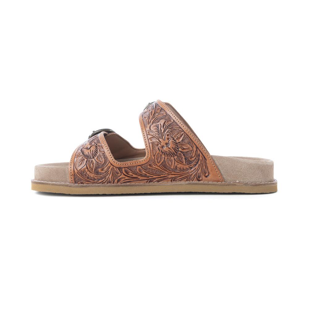 Myra Desert Fern Handtooled Leather Sandals in Autumn Tan