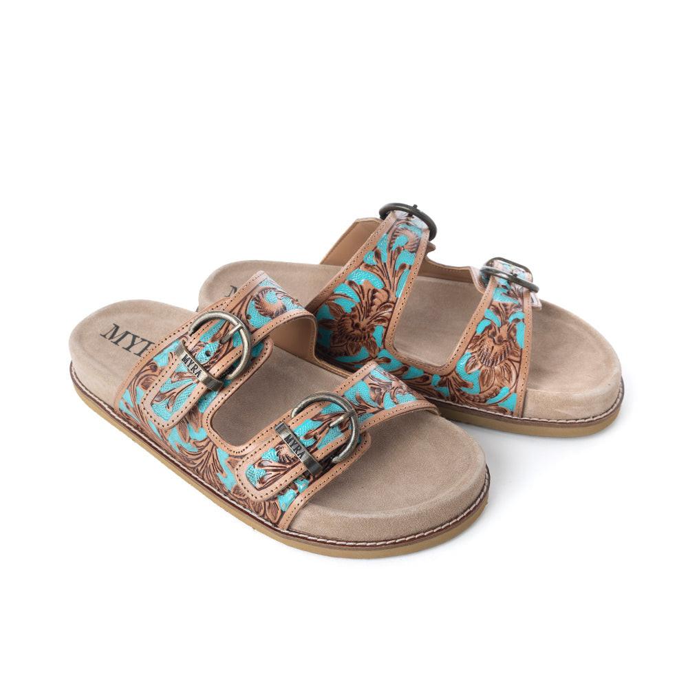 Myra Meadow Sky Handtooled Leather Sandals in Sagewave Blue