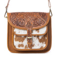 Myra Cedar Range Handtooled Hairon Buckle Leather Bag in Chestnut Ivory