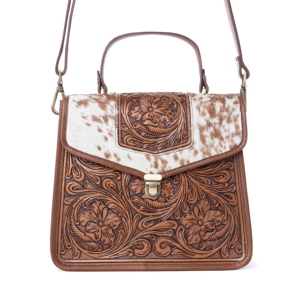 Myra Duchess Hairon Handtooled Flap and Button Leather Satchel in Mocha Cream
