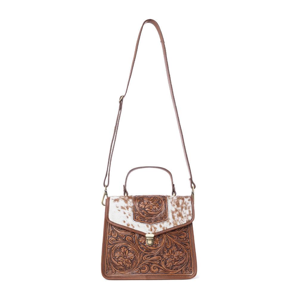 Myra Duchess Hairon Handtooled Flap and Button Leather Satchel in Mocha Cream