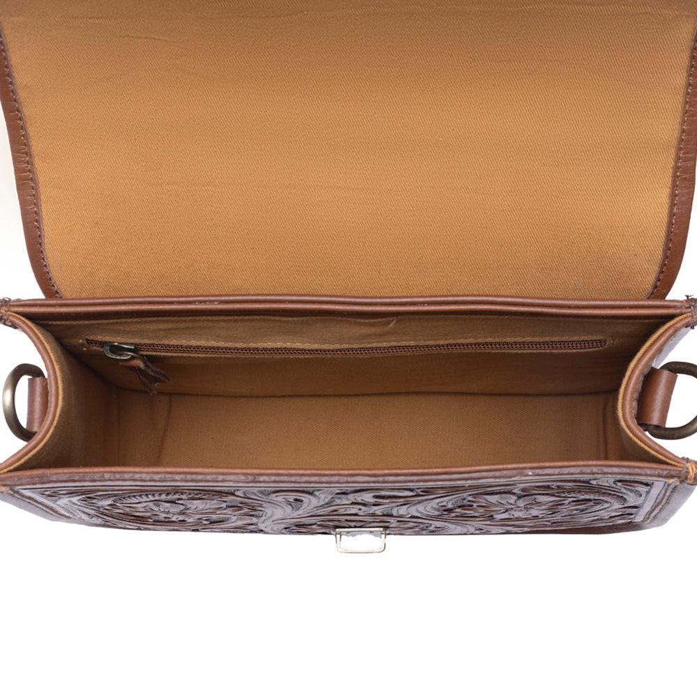 Myra Duchess Hairon Handtooled Flap and Button Leather Satchel in Mocha Cream