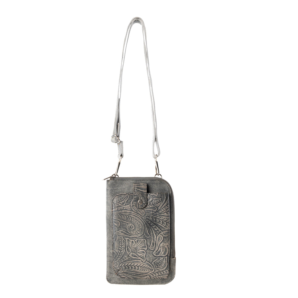 Myra Coyote Bloom Embossed mini sling for Women in sage with floral detail