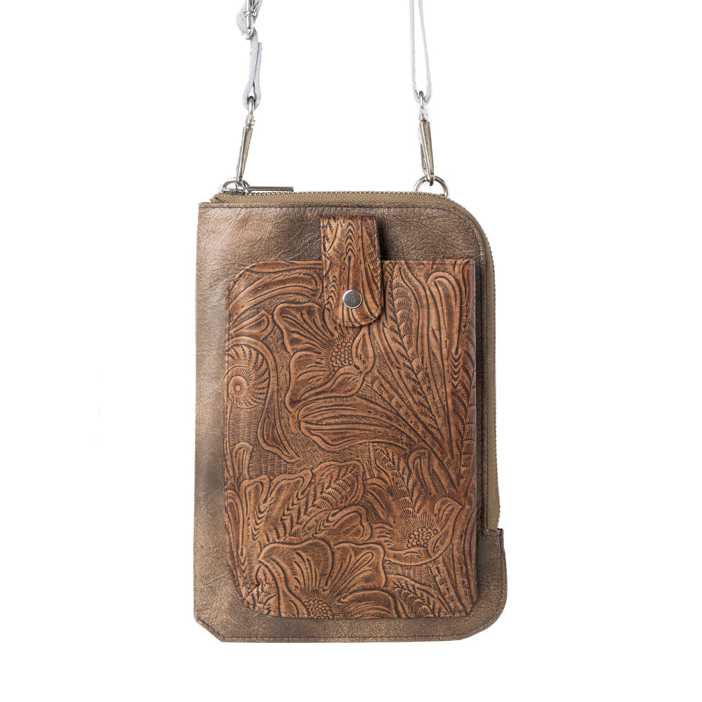 Myra Coyote Bloom Embossed mini sling for Women in walnut with floral detail