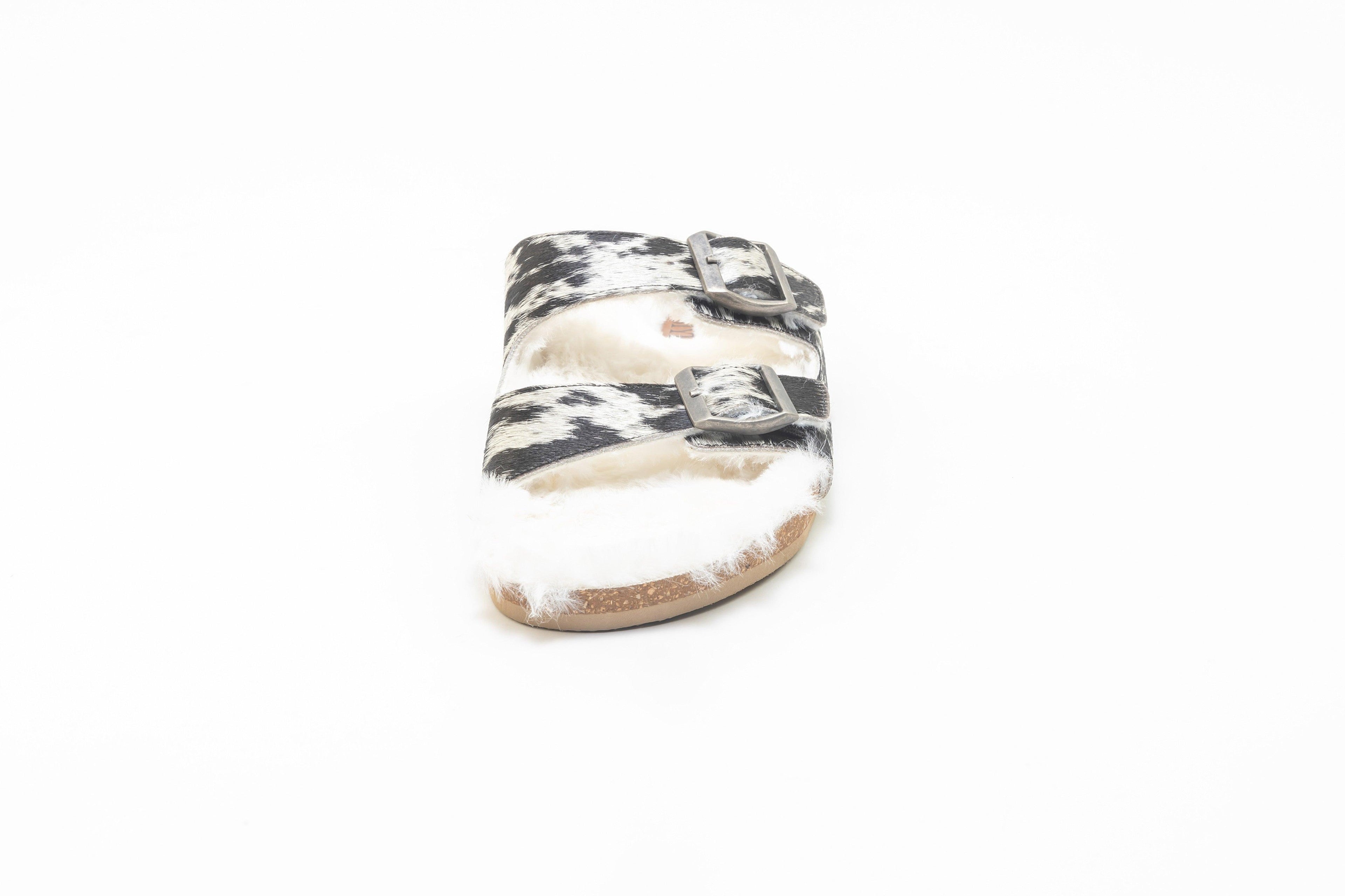 Prairie Winds Fur Comfort Hairon Leather Sandals In Black & White
