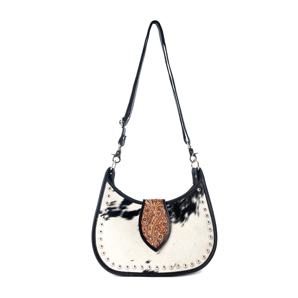 Myra Santa Fe Handtooled Bag for Women in Black with hairon and studded detail