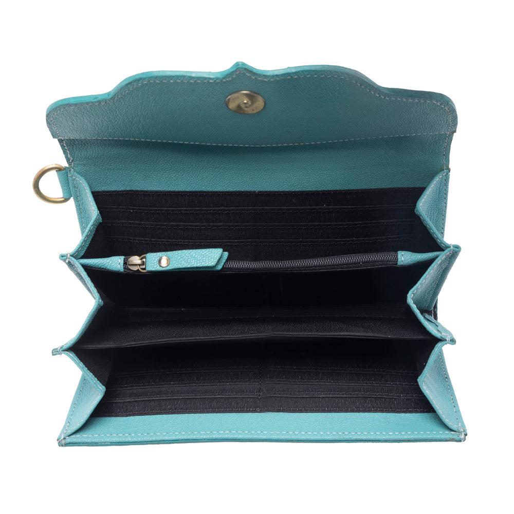 Myra Sunfire Valley Handtooled Hairon Leather Women’s Wallet in Turquoise Pearl