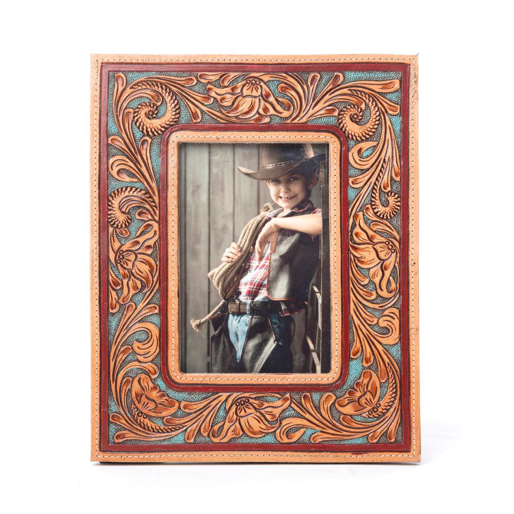 Myra Magnolia Rise Handtooled Leather Photo Frame in Deep Mahogany