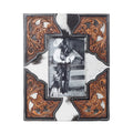 Myra Cornerstone Handtooled Leather Photo Frame in brown with hairon detail, western home décor
