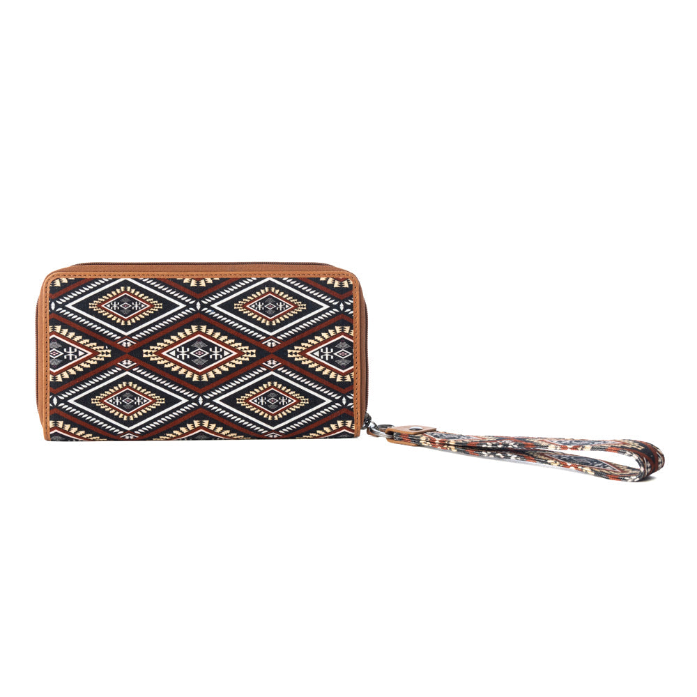 Myra Kilim Trail Western Wallet for Women in Mocha with leather detail and RFID protection