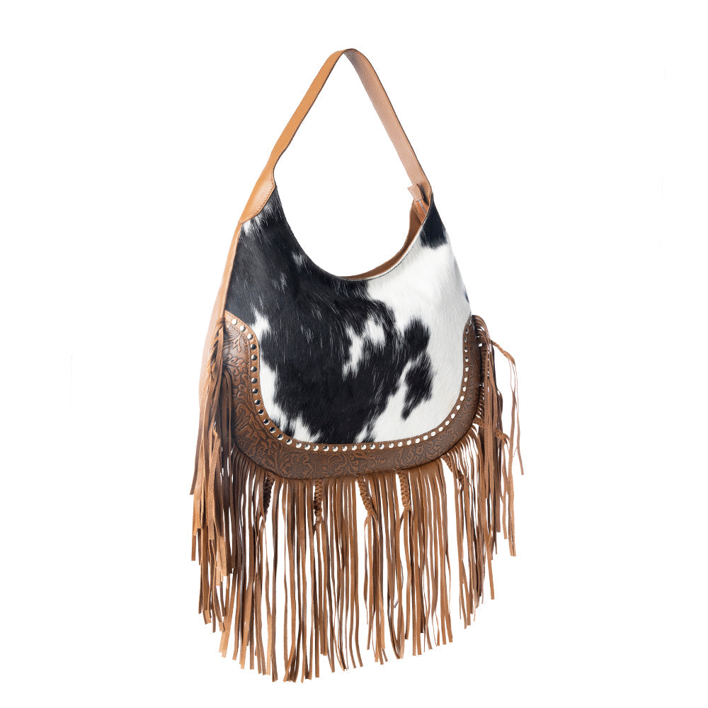 Myra Lasso Lane Hairon Leather Bag for Women in brown with fringe and embossed detail