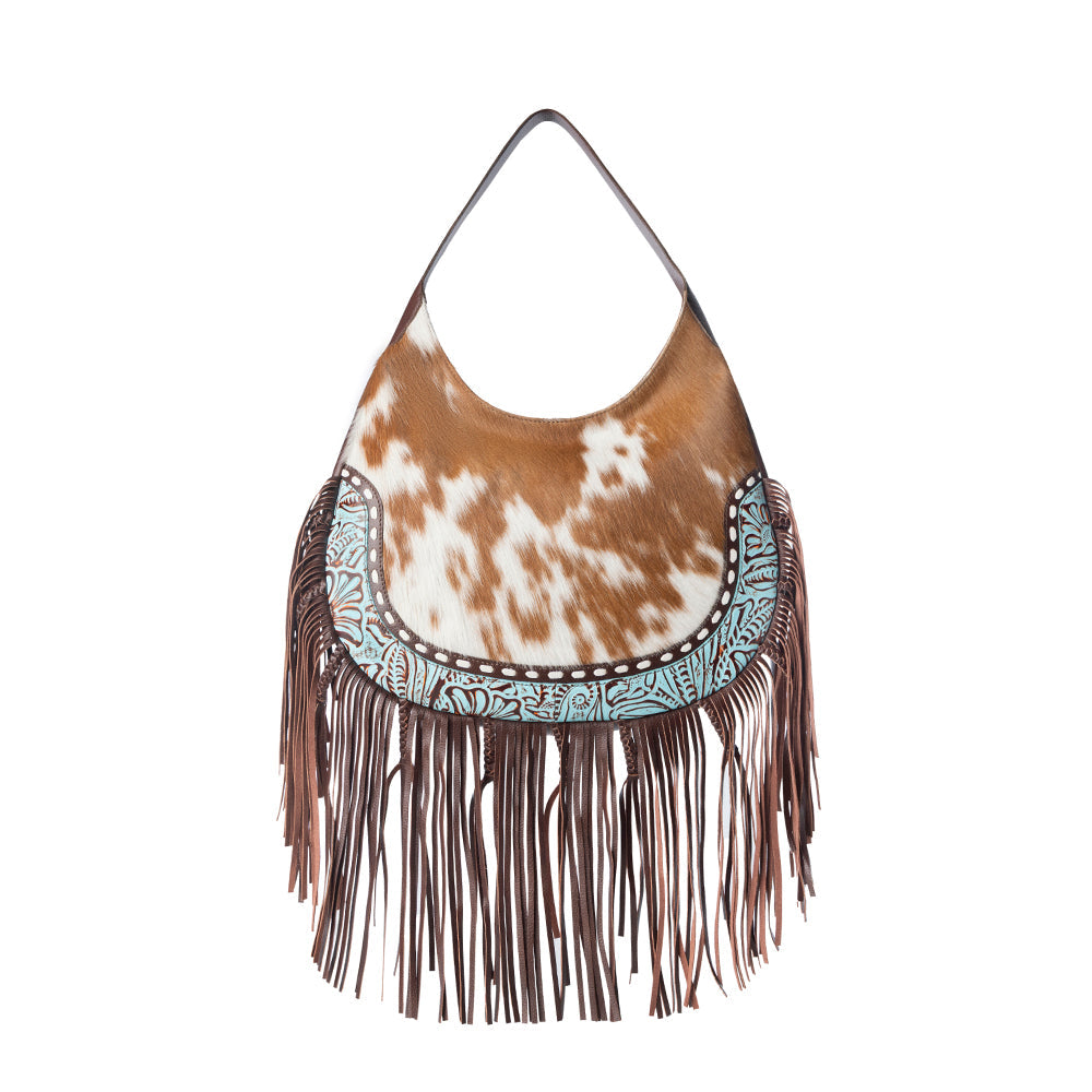 Myra Lasso Lane Hairon Leather Bag for Women in tan with fringe and embossed detail