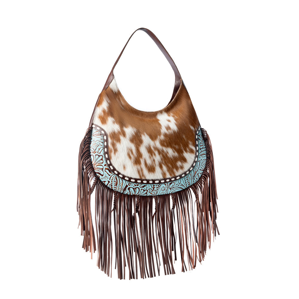 Myra Lasso Lane Hairon Leather Bag for Women in tan with fringe and embossed detail