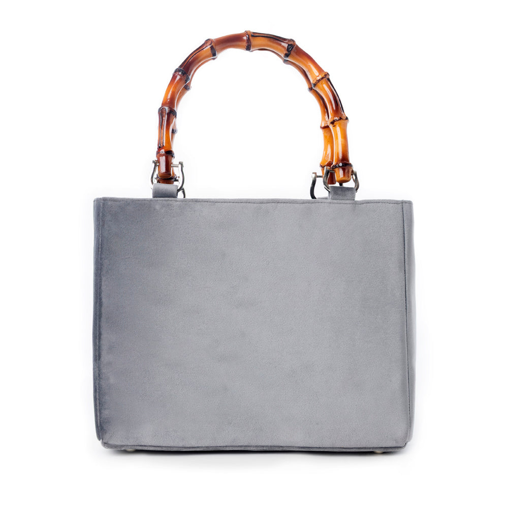 Myra Free Rein Western hand beaded Bag in grey with bamboo handle and horse embroidery