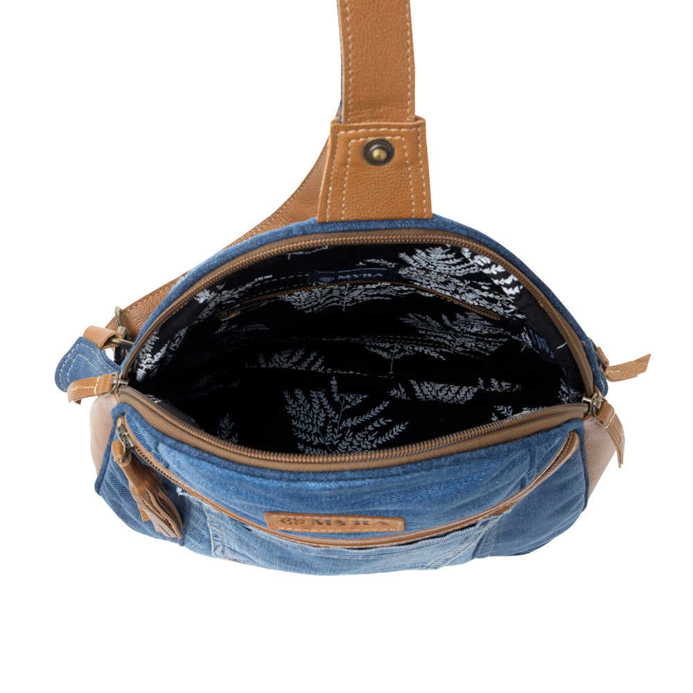 Myra Bluejean fanny pack bag for Women in blue with denim and Front Pocket