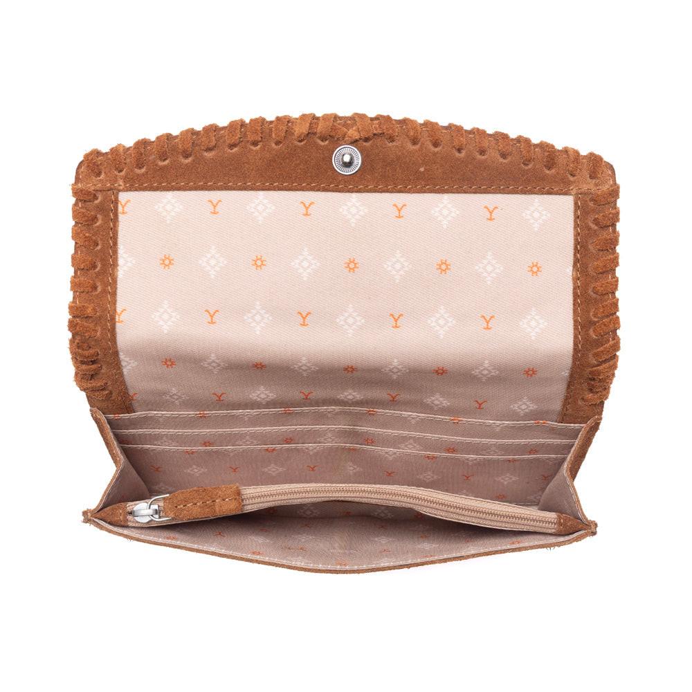 Myra Yellowstone Briar Meadow Studded Suede Leather Women’s Purse in Desert Tan