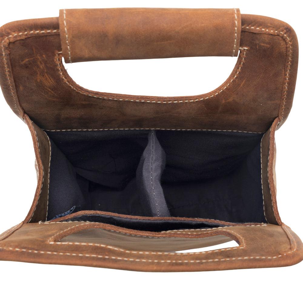 Myra Cypress Field Hairon Leather Wine Bottle Holder in Shadow Cream Chestnut Brown
