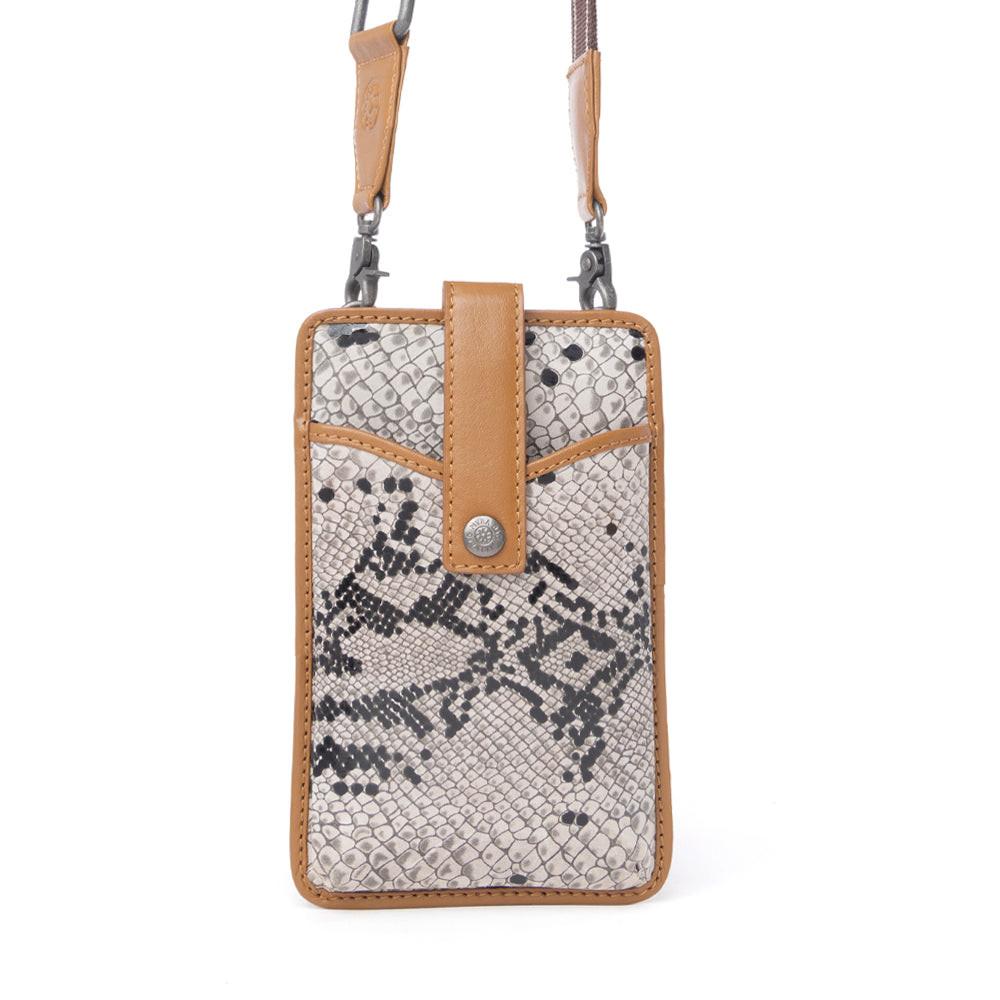 Myra Cedar Snake Print Leather Cell Phone Holder in Ebony Cream