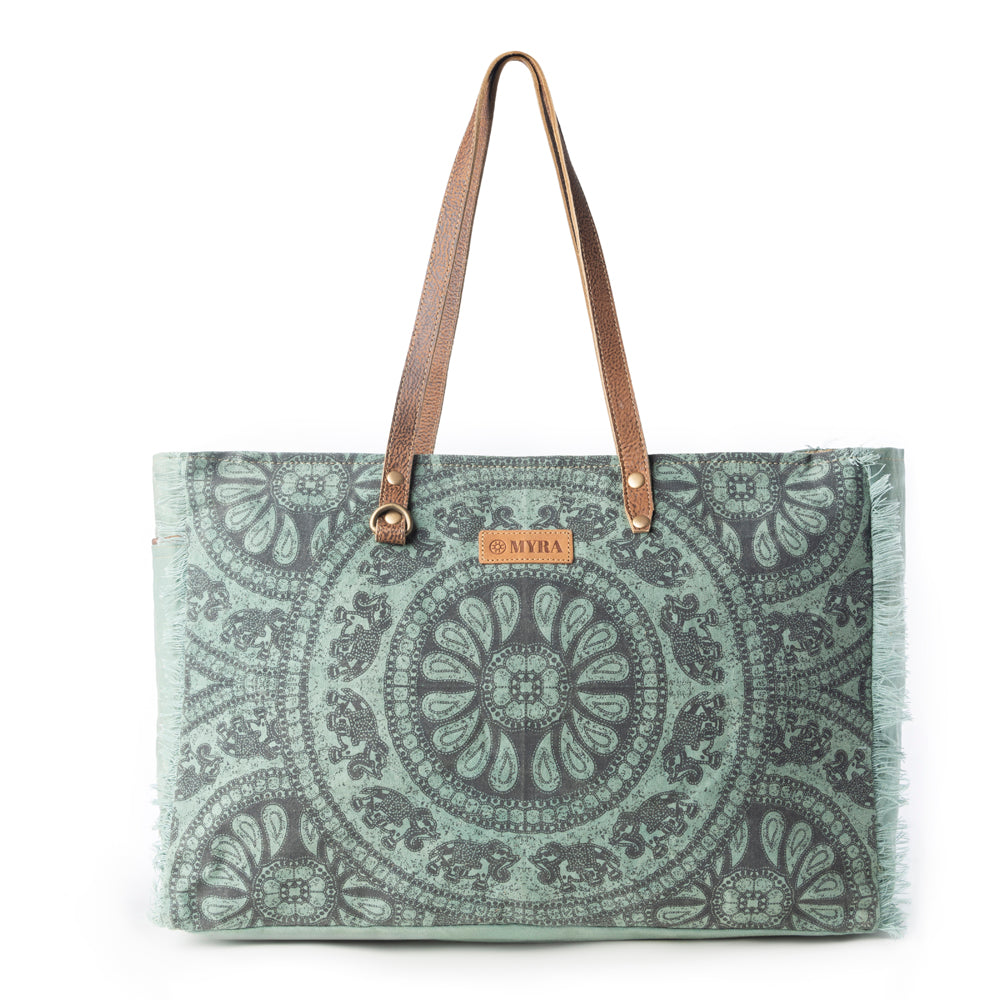 Myra Wildtusk Weekender Bag for Women in green with vintage print detail