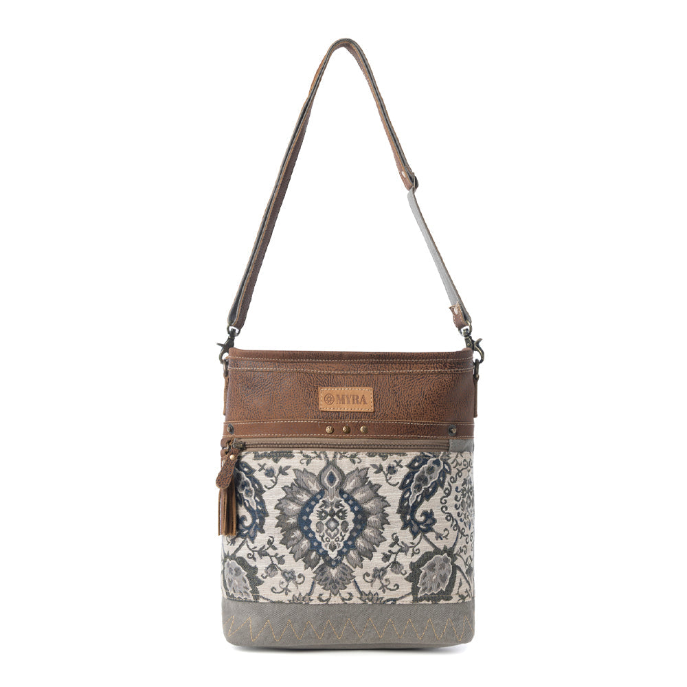 Myra Sagebrook Jacquard upcycled canvas Bag for Women in sage with leather detail