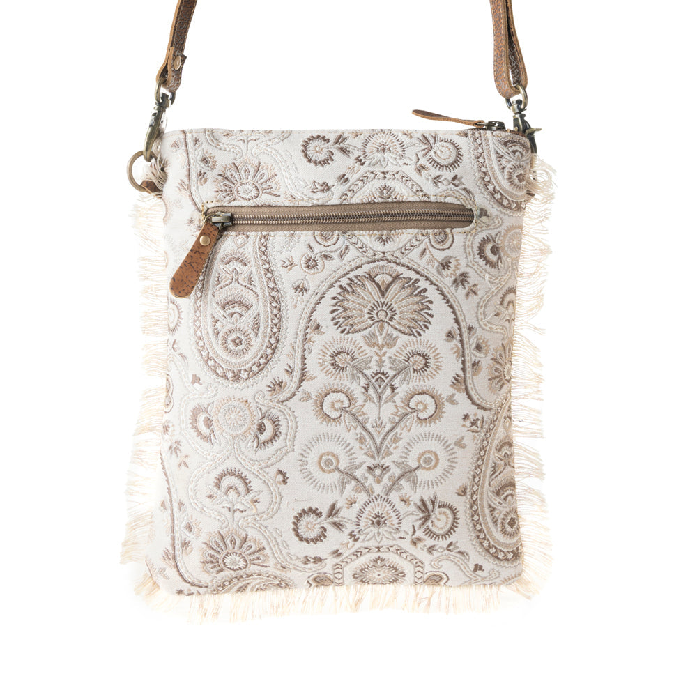 Loom Tapestry upcycled canvas crossbody Bag for Women in sage with fringe detail