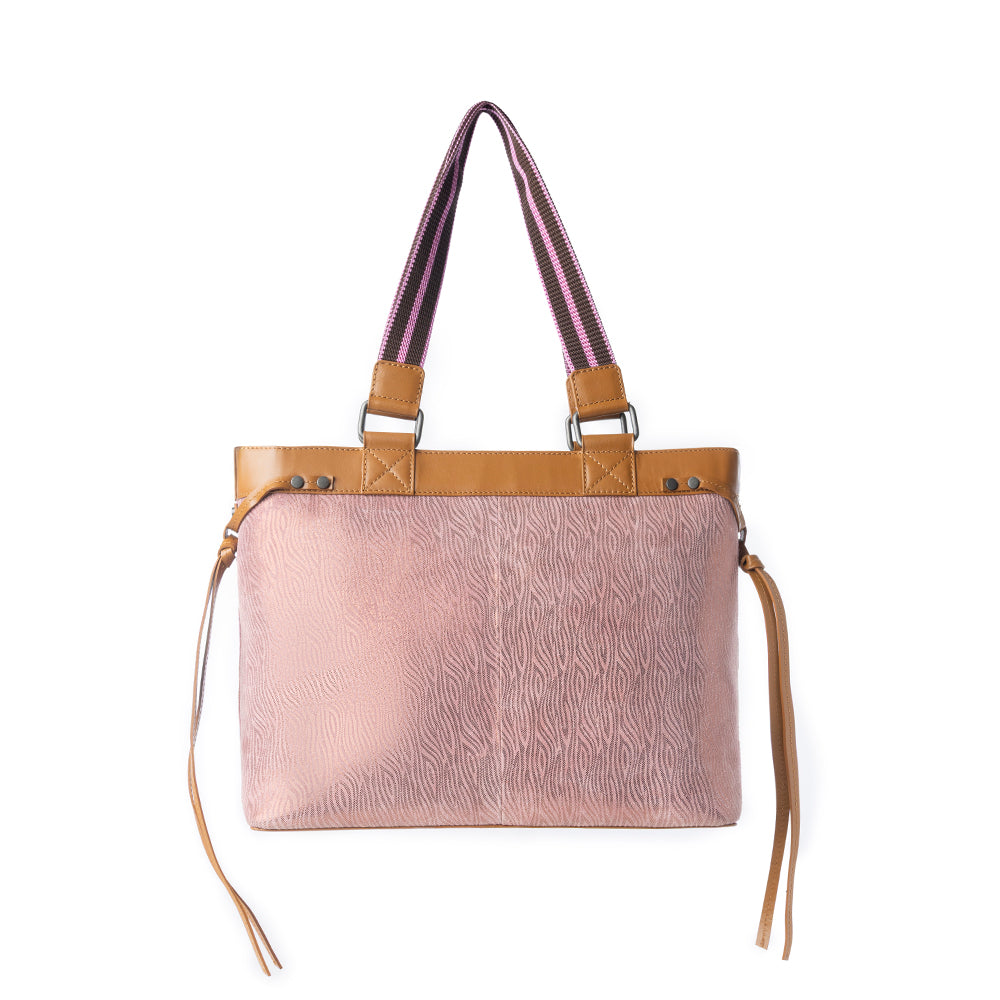 Myra Sweetbriar Leather Tote Bag for Women in pink with textured detail and shoulder strap
