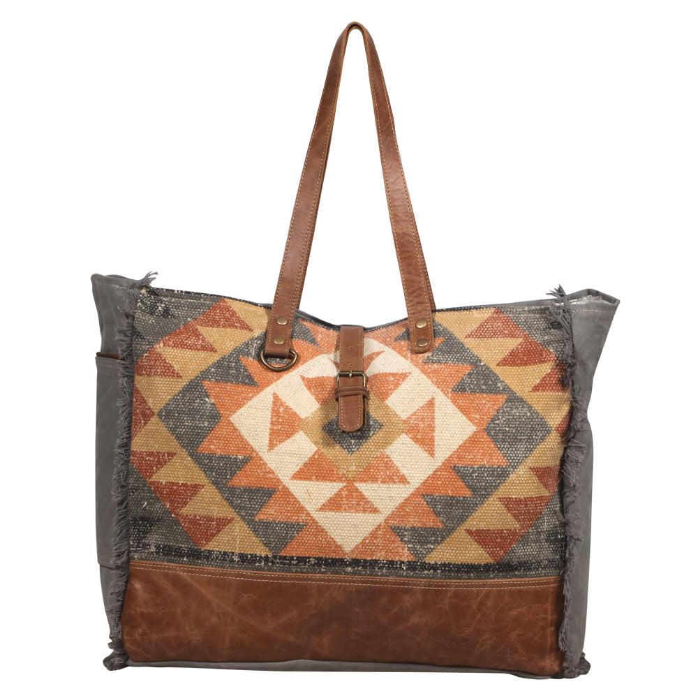 Myra Cosmopolitan Weekender Tote Bag Fringed Edges, Aztec Print Design with Buckle Flap Closure for Travel