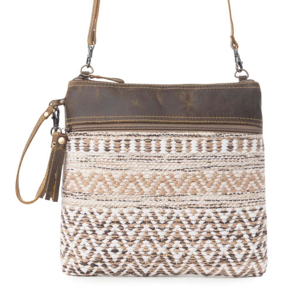 Myra Contentent Aztec Sling Bag for Women – Patterned Canvas, Brown Leather Trim, Crossbody for Everyday Western Look