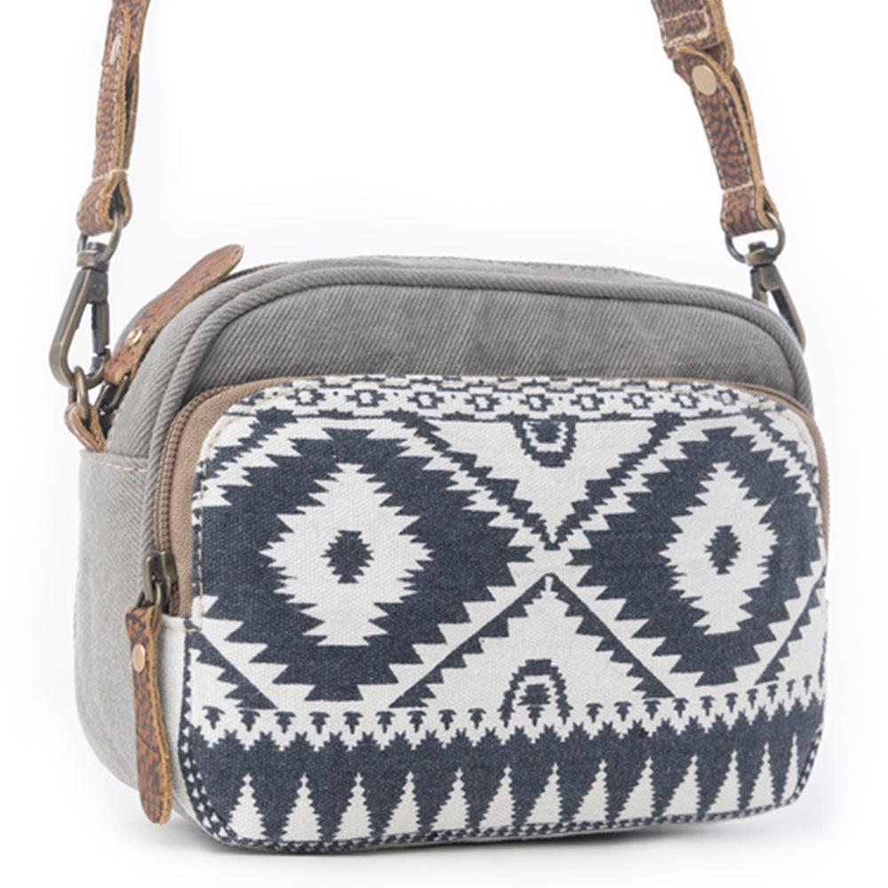 Myra Temptation Tribal Pattern Small Crossbody Bag for Women â€“ Geometric Canvas Front, Adjustable Leather Strap for Everyday Western Style