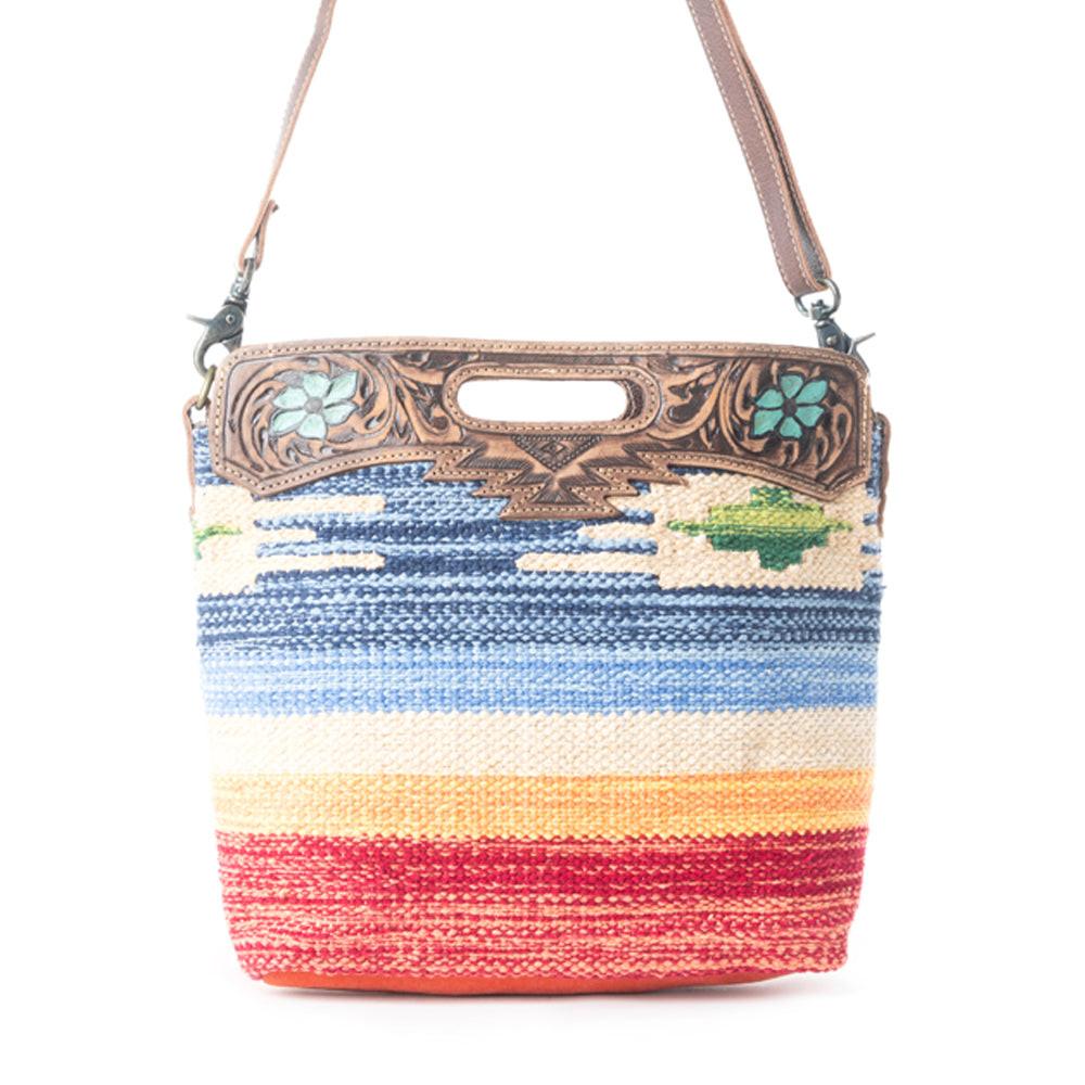 Myra Azure Petals Woven Crossbody Bag with Handtooled Leather â€“ Multicolor Embroidery, Adjustable Strap & Cutout Handle