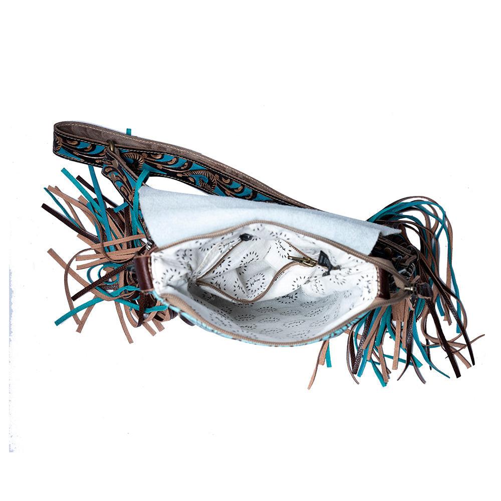 Myra Cobal Blue Concealed Carry Bag Hair-On Leather Crossbody with Embossed Turquoise Panel and Fringe Detailing