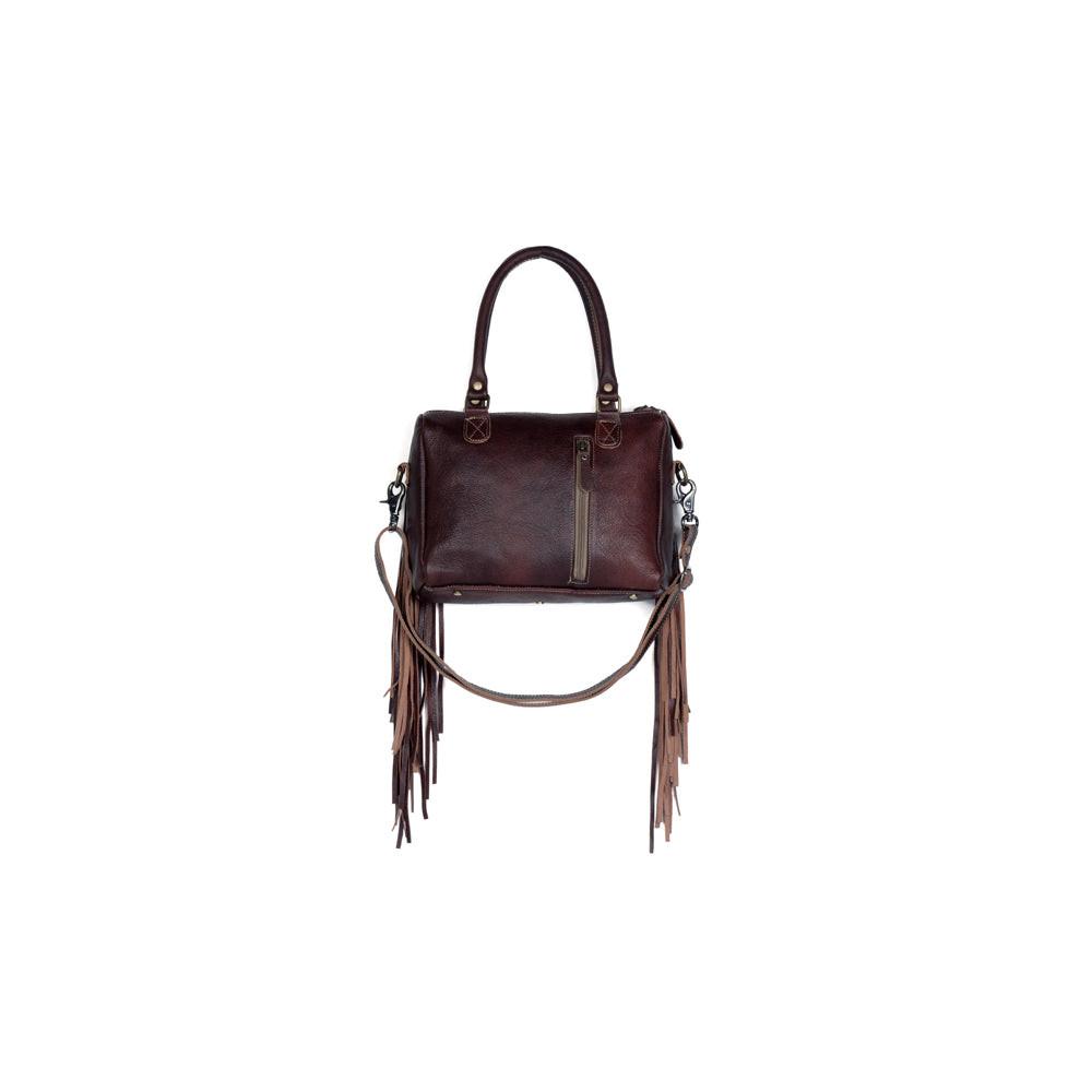 Myra Brown Freckles Concealed Carry Bag Hairon Leather with Fringe Detail and Tooled Trim, Dual Carry Western Tote