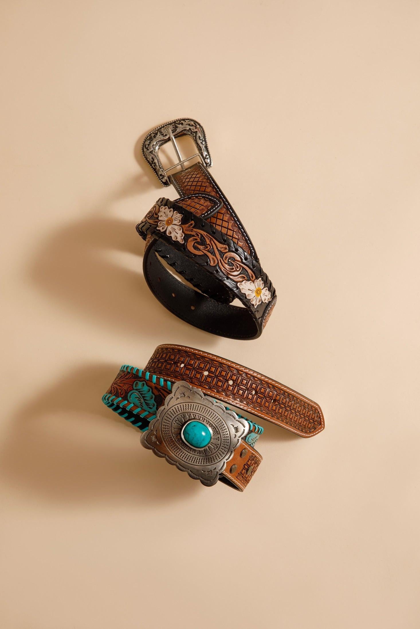 Checkered brown Hand-Tooled Leather Women's Belt