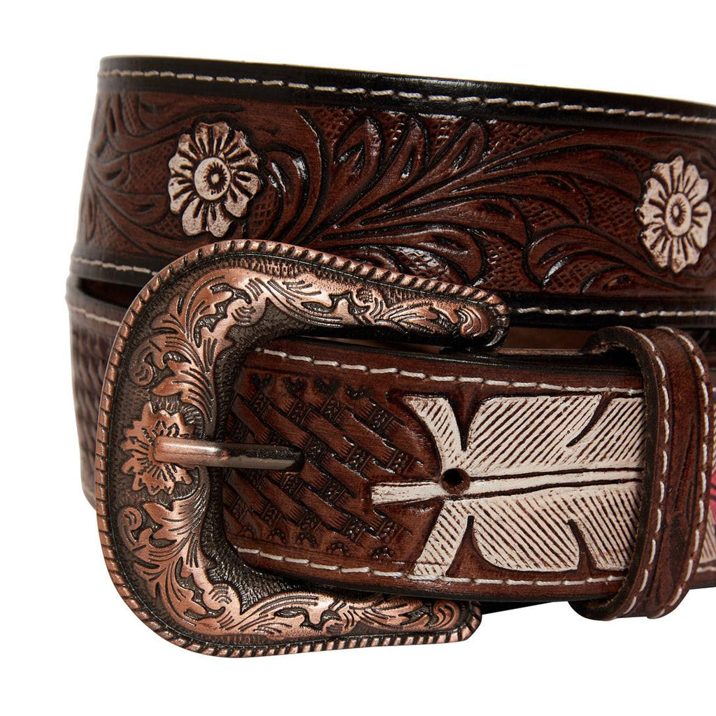 Pink feather Hand-Tooled Leather Women's Belt