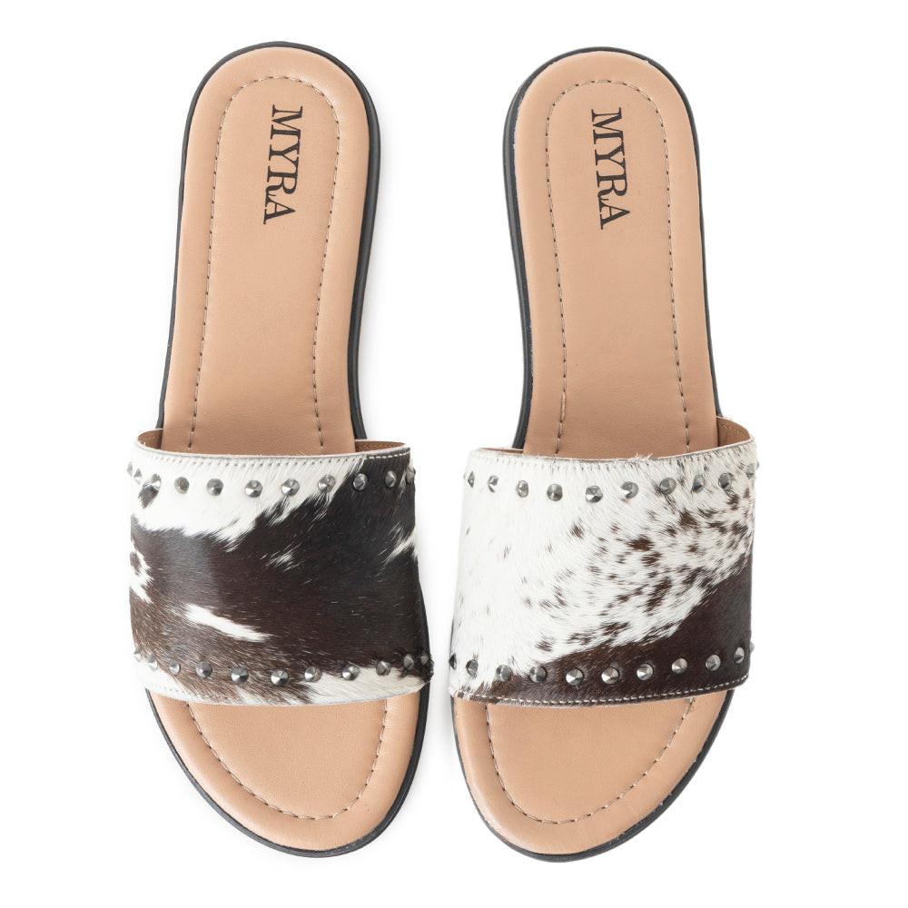 Myra Wild Dust Hairon Leather Slide Sandals â€“ Studded Flats for Women, Slip-On Comfort with Western Charm