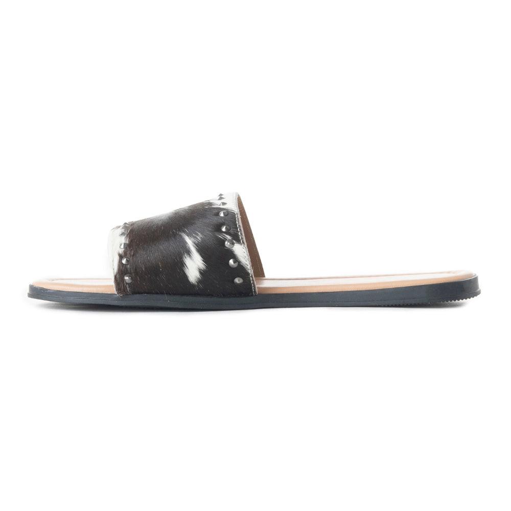 Myra Wild Dust Hairon Leather Slide Sandals â€“ Studded Flats for Women, Slip-On Comfort with Western Charm