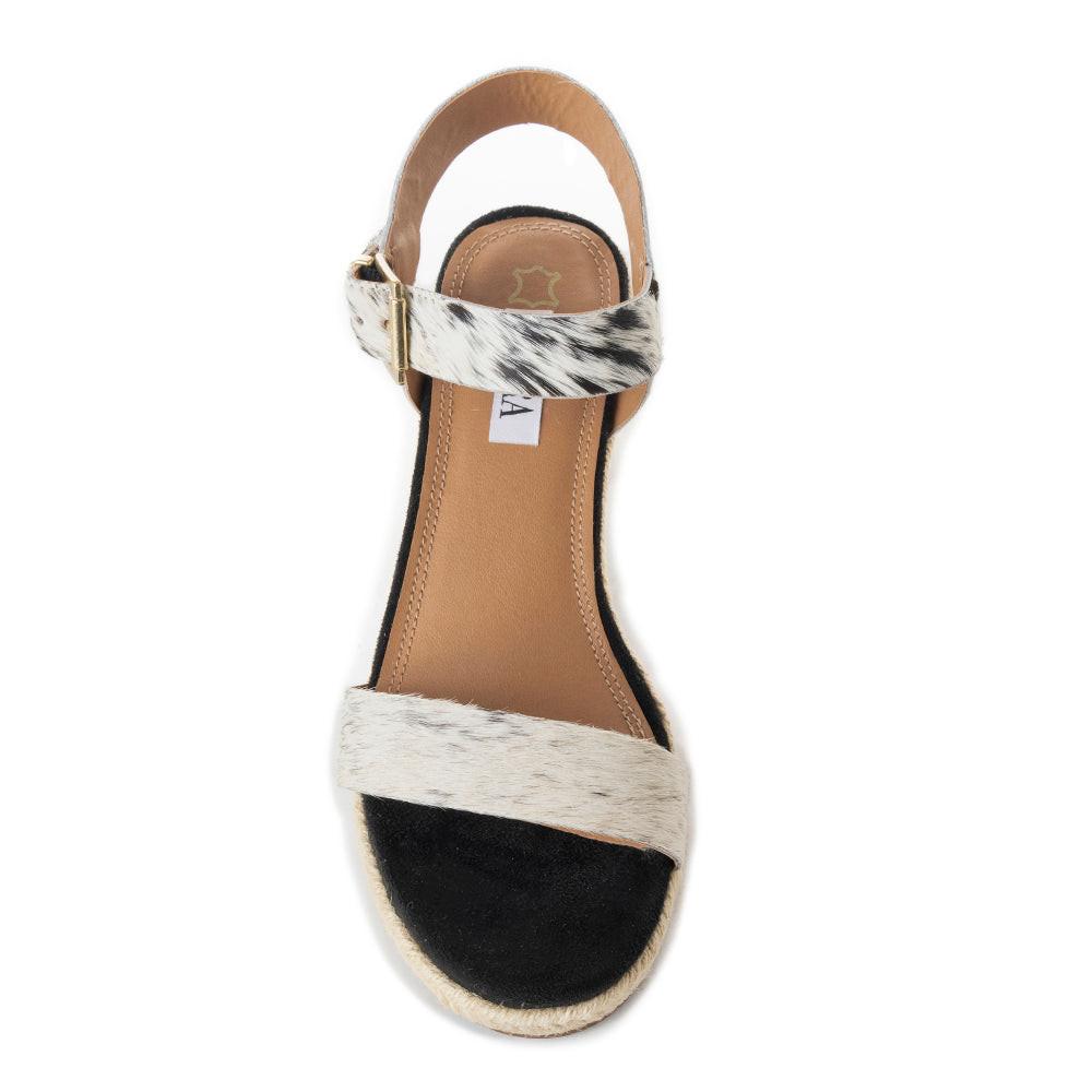 Myra Satin Hairon Leather Heels for Women – White Hairon Block Heels with Buckle Strap & Jute Accents