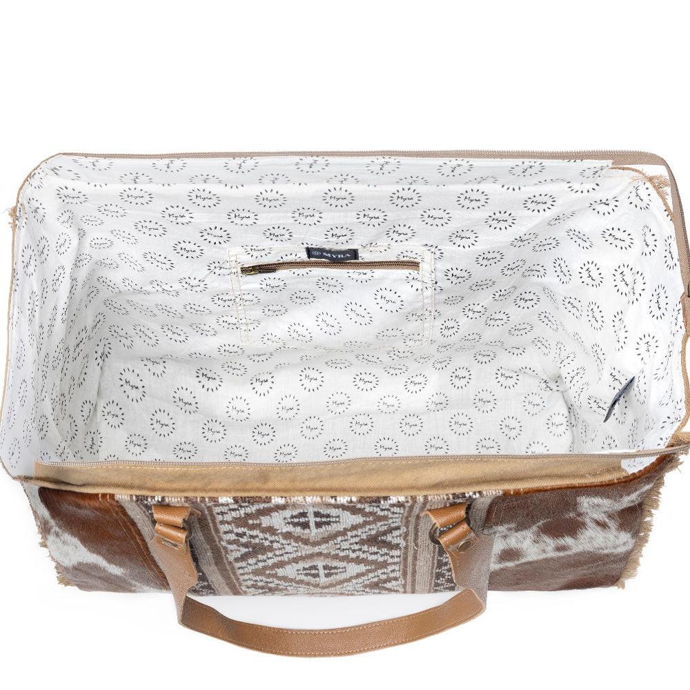 Myra Elisa Leather Weekender Bag - Spacious Cowhide Travel Tote with Tribal Woven Panel and Dual Shoulder Straps