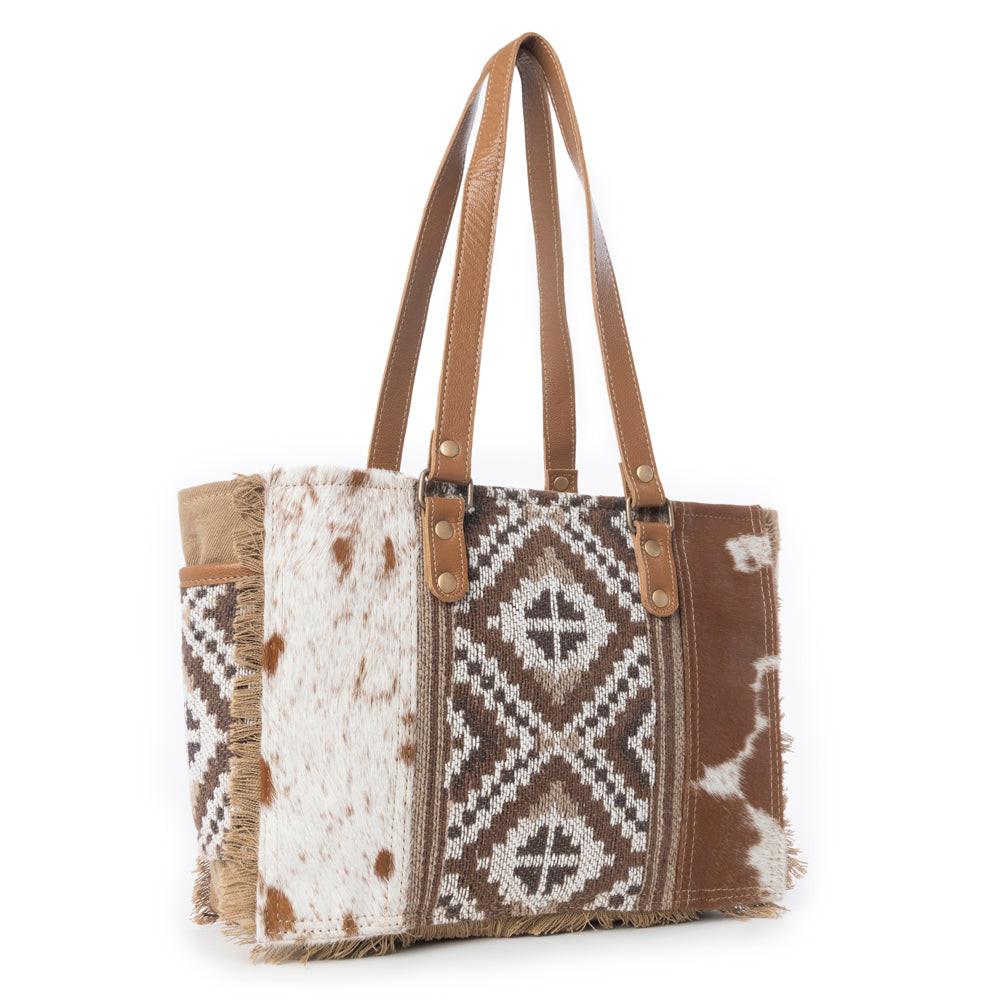 Myra Elisa Le Hairon Leather Tote Bag Fringe Accents, Handwoven Tribal Design for Everyday Use