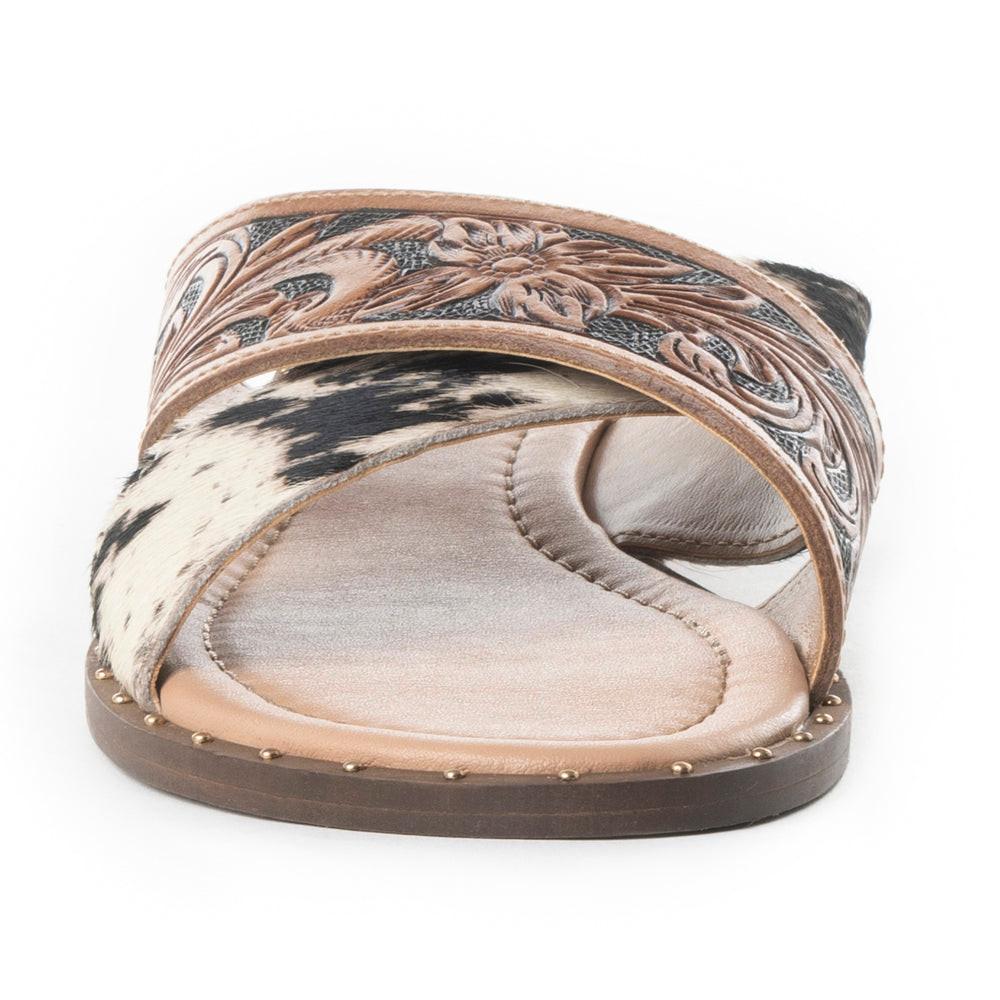 Myra Chappy Leather Slip-On Sandals for Women - Criss-cross Hairon & Tooled Leather Slides for Everyday Ranch Style