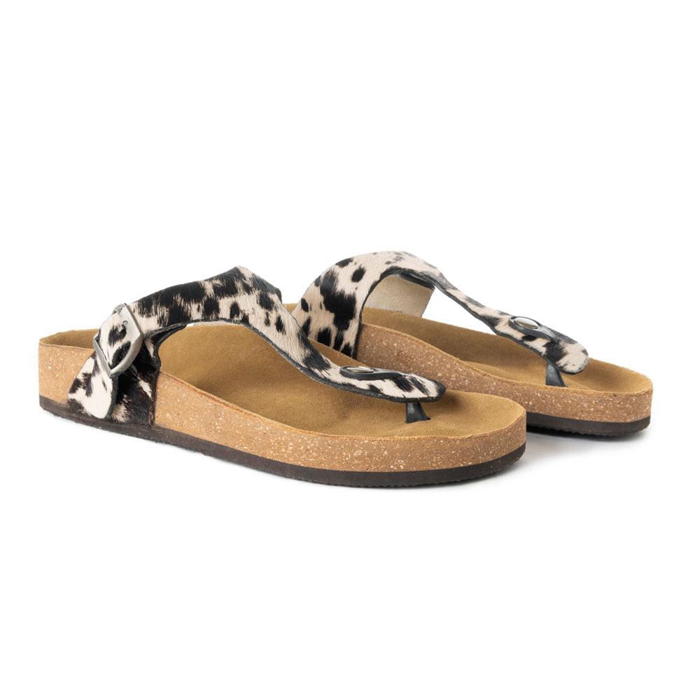 Myra Chino Hairon Leather Sandals for Women â€“ Western Toe Loop Flats with Cork Sole for Comfortable Wear